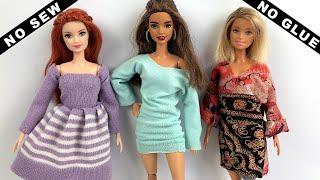 3 DIY NO SEW NO GLUE Doll Dresses  How to Make Barbie Dress Easy  Barbie Clothes