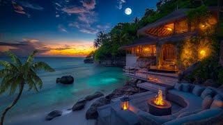 Ocean Villa Under a Full Moon Night Ambience  Gentle Sea Waves & Crackling Fire Sounds for Healing