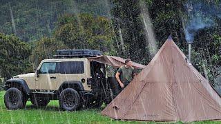 HOT TENT Camping in SEVERE RAIN   Relax in warm and cosy Tepee with fire place  Car  ASMR 
