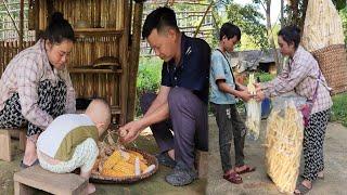 Small family life Wife makes popcorn to sell for extra income