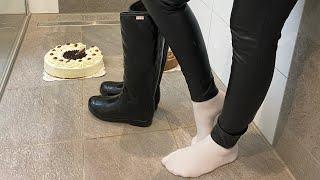 Girl crushes cake with hunter boots. Wellie food crushing. Wam. Rubber boots trampling. ASMR