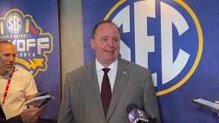 Mike Elko speaks to local reporters at SEC Media Days