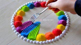 Simple rangoli using fork for diwali l easy rangoli designs with colours l Rangoli by Keerthi