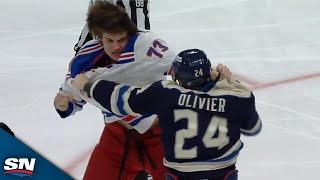 Rangers Matt Rempe Meets His Match In Wicked Fight With Blue Jackets Mathieu Olivier