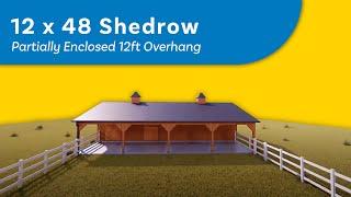 12x48 Shedrow Barn with 12ft Overhang - 3D Rendering