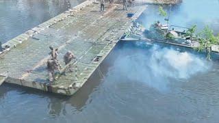 Construction of a pontoon crossing in the Kursk region of Russia