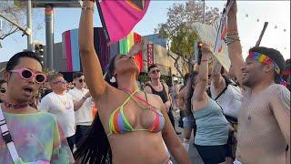 Partying after Gay Pride Parade West Hollywood WeHo - DJ leading outdoor stage - every face is happy
