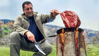 Chef and Chainsaw in the Forest Roasting Juicy Tomahawk Steaks in a Wilderness