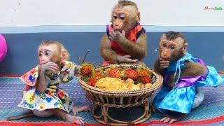 Most Adorable Three Babes Sit In Line To Eat Fruits Three Babe Sit Patiently To Eat Fruits From Mom