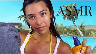 ASMR Relaxing by the Pool Personal attention Face touching Lotion Sounds Inaudible whispers..