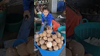 Thai Lady Peeling Dried Coconut - Fruit Cutting Skills