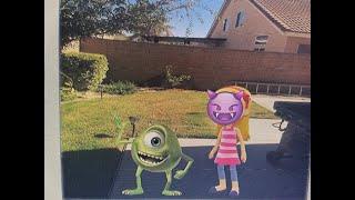 Not Katie pulls on Mike Wazowskis arms and gets grounded