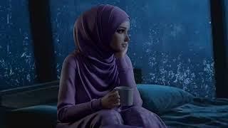 Heavy Rain That Makes the Heart of a Woman in a Unggu Hijab Enjoying the Moment of Rain with a Cup o