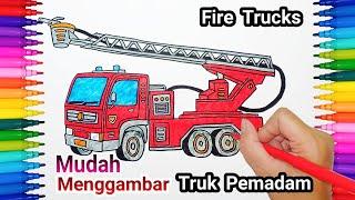 CARA MUDAH MENGGAMBAR & MEWARNAI TRUK MOBIL PEMADAM KEBAKARAN FIRE TRUCKS  TUTORIAL MENGGAMBAR