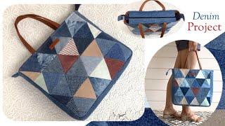 how to sew a denim tote bag with zipper tutorial  diy tote bag with zipper ideas denim reuse ideas