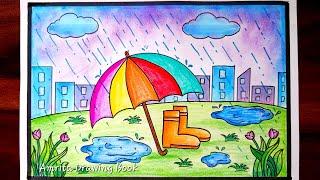 Rainy Season Drawing Easy  Rainy Day Scenery drawing  How to Draw Rainy Season  Type of Season