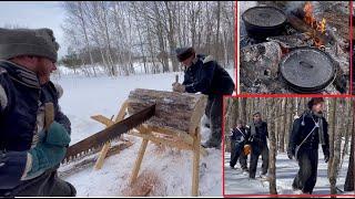 Rustic Winter Camping Sawing & Chopping Fire Wood Dutch oven over Fire & Snowshoeing