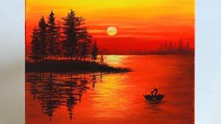 Sunset Painting  Sunset Painting for Beginners  Sunset on the Lake Acrylic Painting