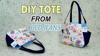 DIY How to make a nice tote Bag from Old Jeans and flowery fabrics - free Sewing Instructions