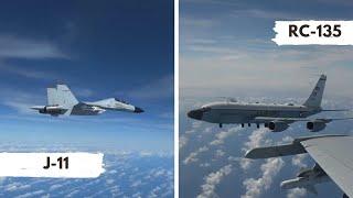 Chinese Navy J-11 fighter jet vs U.S. Air Force RC-135 reconnaissance aircraft