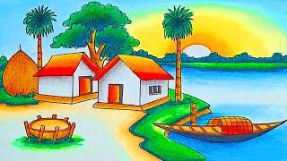 how to draw easy scenery drawing with oil pastel landscape village scenery drawing step by step