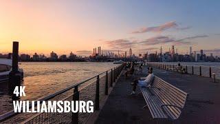 Relaxing Walk Around  New York  Williamsburg  During Sunset  - 4k   Brooklyn Domino Park.