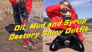 Shiny Puffer Jacket and Leather Pants Trashed In Oil Mud & Syrup  Messy Girl  Mud Girl  Wetlook