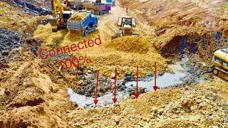 Incredible Full process 100% connect part in dry river by many excavator huge bulldozerdump trucks