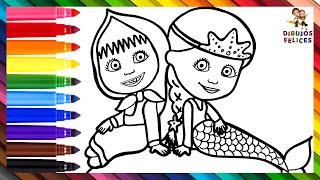 Dibuja y Colorea A Masha Con Una Sirena ‍️🪨 Dibujos Para Niños