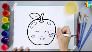 How to draw a cute Apple - Apple Coloring page for kids - Watercolor Apple