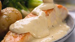 Nickys Easy Salmon with Creamy White Wine Sauce on the table in 15 mins