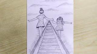 Two Sisters Walking on a Railway Scenery  Pencil Sketch Drawing Step By Step