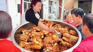 Dads family renovated the house  bought a big spareribs  and made a meal of spareribs for the deco