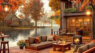 Chill Autumn Day & Soft Jazz Music  Cozy Fall Porch Ambience & Crackling Fireplace to Relax