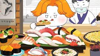 Assorted Sushi Mukbang SalmonflatfishTunaShrimp fried shrimpnoodles -Animation ASMR foomuk