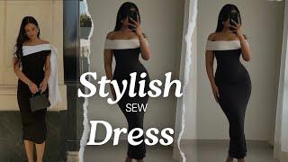 DIY How To Cut and Sew this Stylish Off-shoulder Dress with shoulder Cape and bow tie