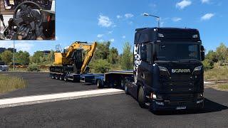 Transporting an excavator in Germany - Euro Truck Simulator 2  Steering wheel gameplay