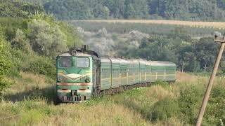 An old green locomotive with green wagons makes its way through the grass