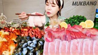 SUB 꼬소한 제철 방어 & 해산물 삼종세트 해삼 개불 멍게 먹방  쏘주 필수 조합  SEAFOOD Sashimi REAL SOUND ASMR MUKBANG