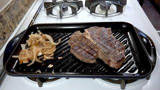 Le Creuset Double Burner Grill Steak and Onions