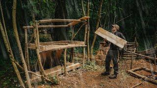 Building a Camp in a Huge Storm Rain Thunder Hail Camp Kitchen  Bushcraft  Survival Shelter