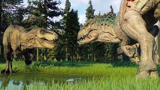 2x TYRANNOSAURUS REX vs 2x INDOMINUS REX JWD DINOSAURS BATTLE - Jurassic World Evolution 2