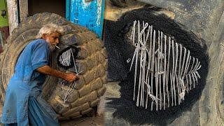 Old Man Repairing A Huge Old Tire Sidewall  Amazing Repairing of Monster Tire 