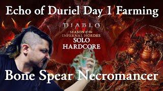 Day 1 Duriel Farming Bone Spear Necromancer Solo Hardcore Diablo IV Season 5 of the Infernal Hordes