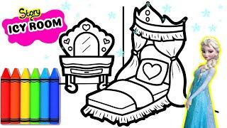 Bedroom Drawing and Coloring page for kids - Story ICY ROOM - How to draw Elsas Bedroom