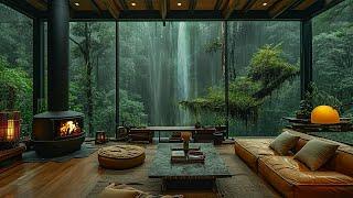 Cozy Forest Living Room Ambience with Soothing Waterfall -  Rain Sounds For Meditation Deep Sleep