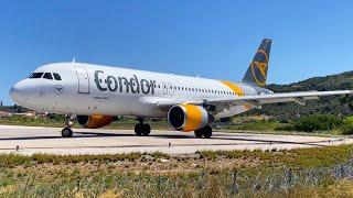 Skiathos Airport crazy JET BLAST during Condor A320 takeoff