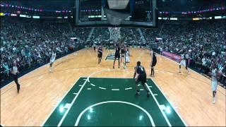 Jeremy Evans dunks from the three-point line sorta