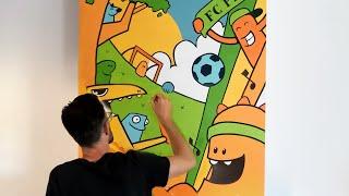 Inking Timelapse. Kids bedroom mural with colourful characters.