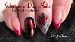 Valentine’s Day Nails - Black And Red Hearts Nail Design